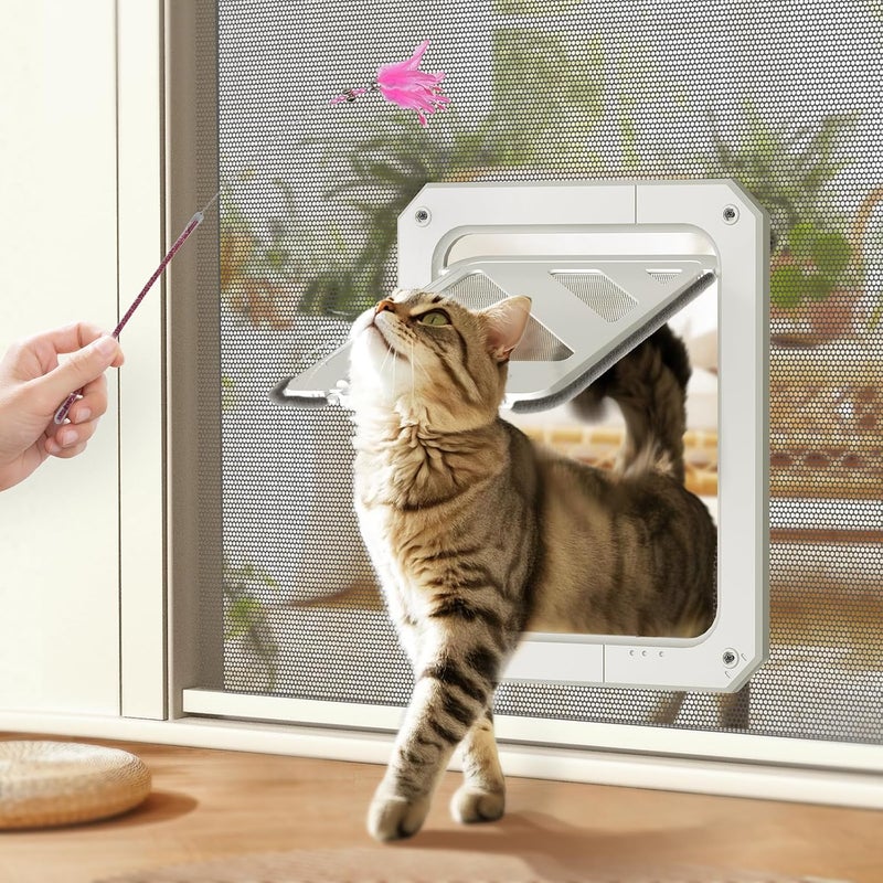 LIBBEPET Cat Door for Screen Door, Lockable Cat Screen Door for Cats & Small Dogs Up to 20 lbs, Magnetic Flap Opening 7 x 9 inches, Equipped with Interactive Cat Toy & Installation Tools, White - Image 1